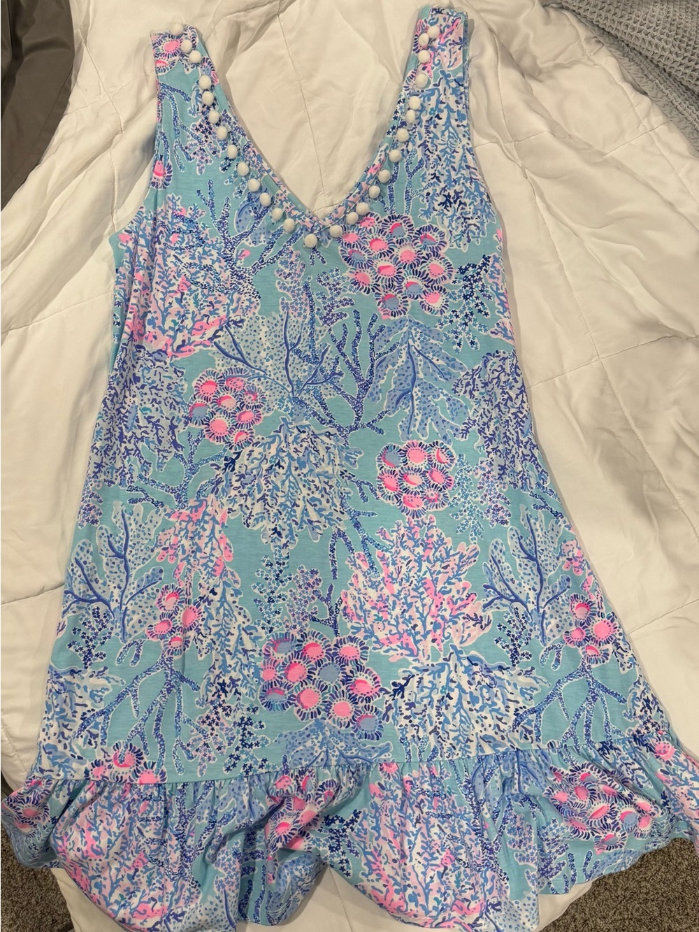 Lilly Pulitzer Aqua, Pink & Blue V-Neck Pom-Trim Dress
